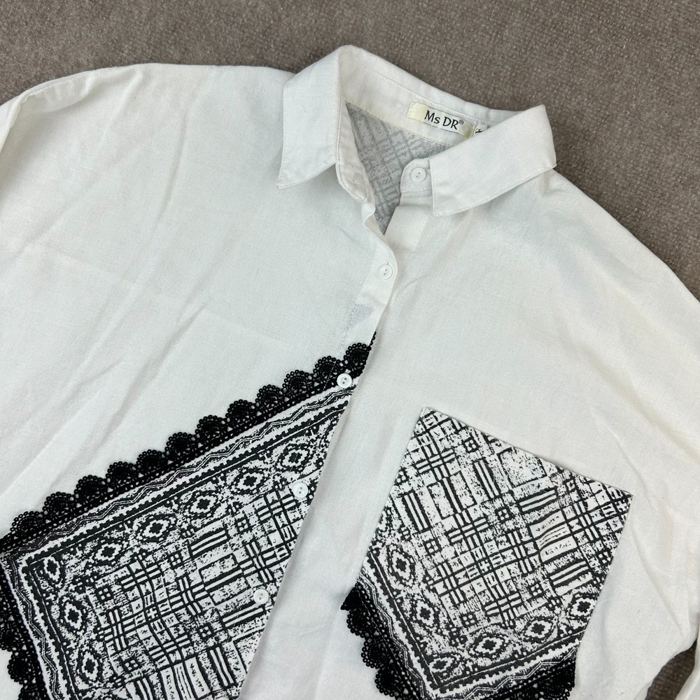 Ms DR Shirt Womens One Size White Black Pleated Lace Trim High Low Hem Button-Up